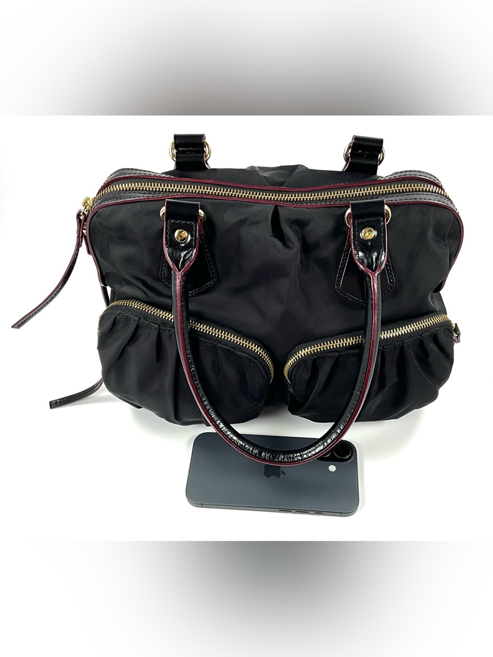 MZ Wallace Bedford Satchel Black Bedford Nylon Patent Leather Trim Gold Hardware - Picture 16 of 16